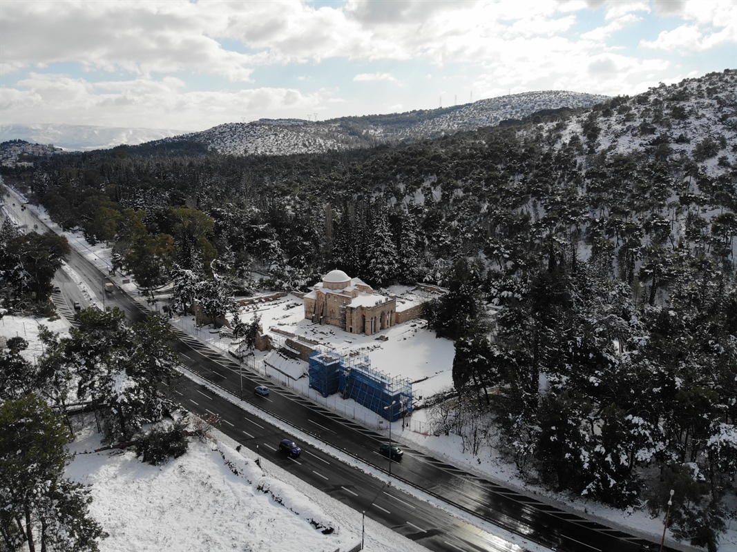 Aerial shots from the snowy Monastery of Daphni by Konstantina Delli (25-1-2022)